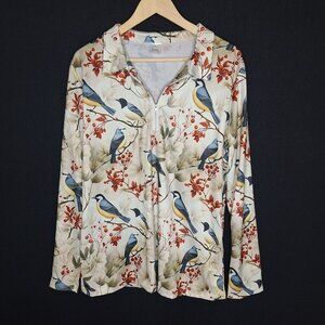 💙 Bird Print Lightweight Quarter Zip Sweater Size XL Comfy Cozy Relaxed Fit Lou